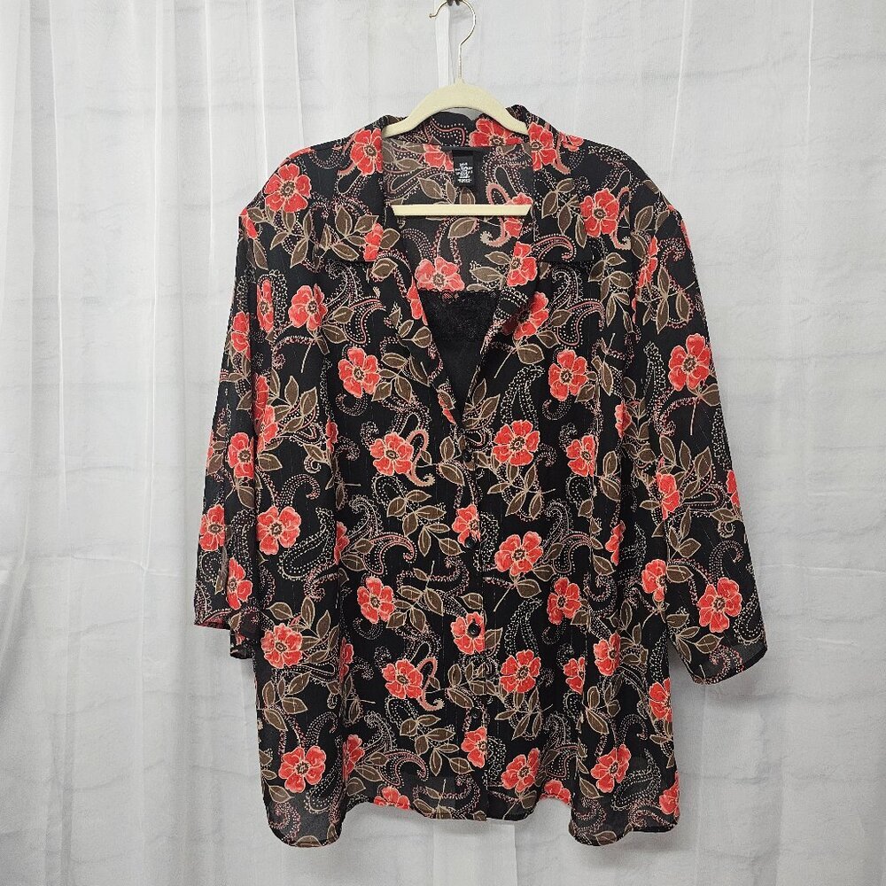 Maggie Barnes Blouse Black Coral Metallic Layered Boho Paisley Casual 34W